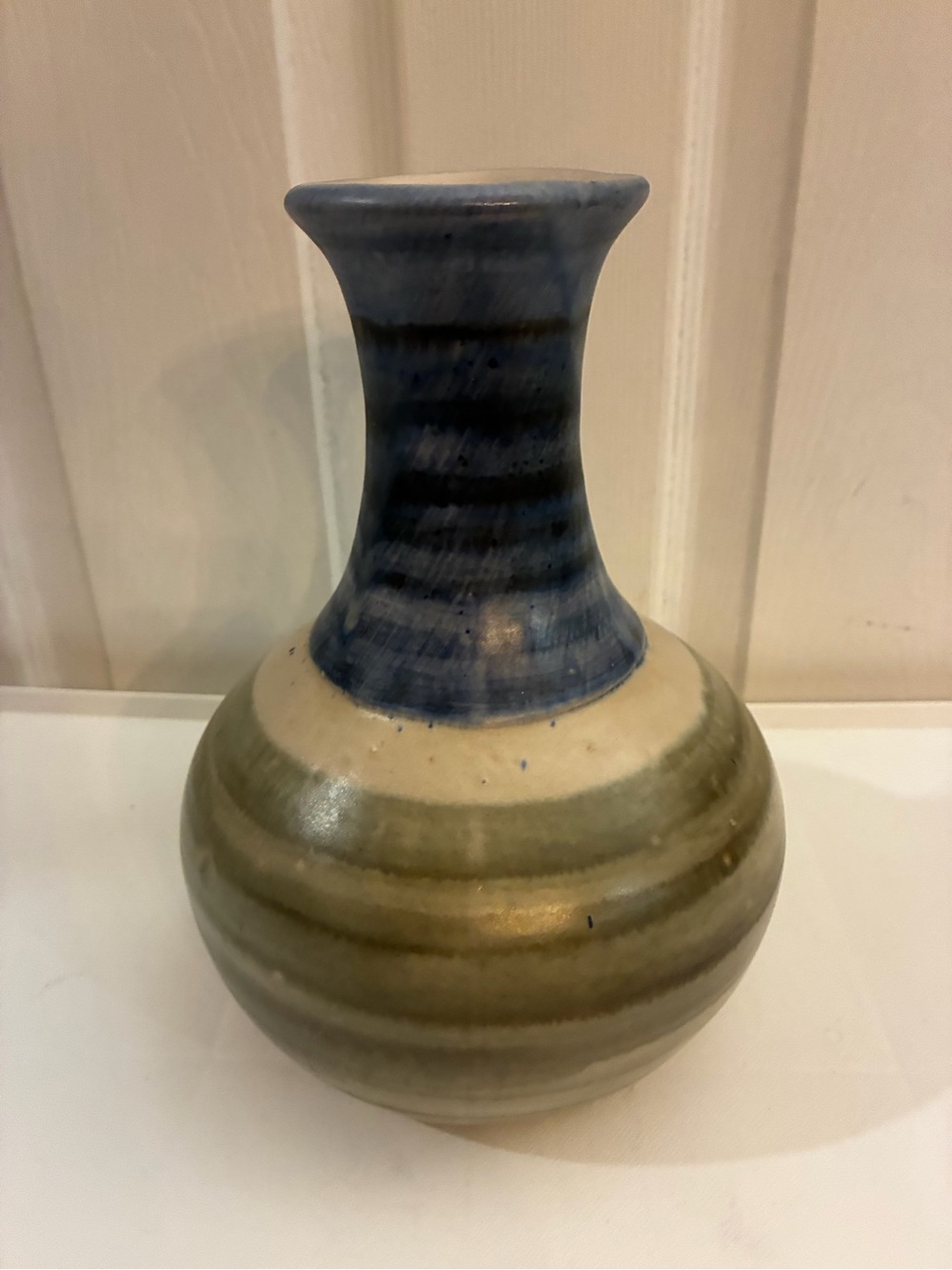 Vintage Chatham Potters NJ Signed Studio Art Pottery Striped Vase Blue Glaze MCM